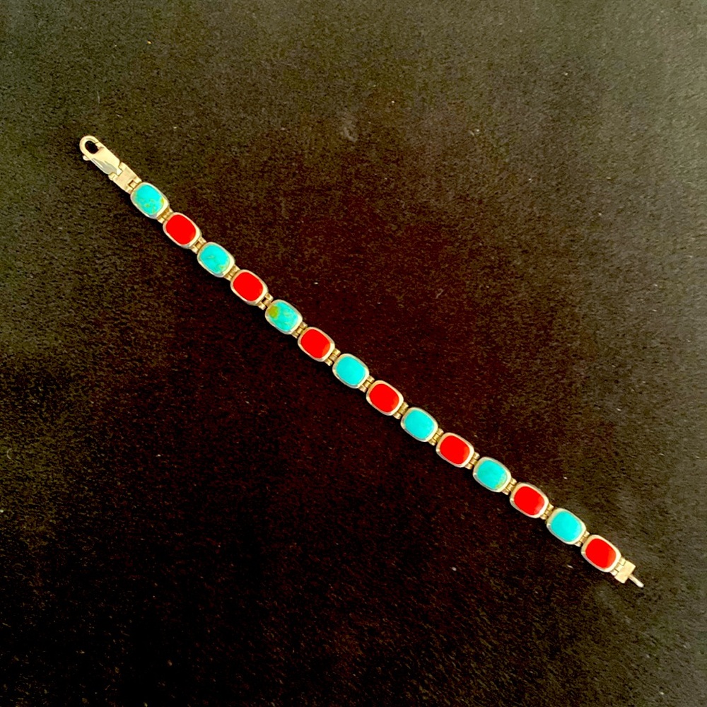 Sterling silver with coral and turquoise bracelet